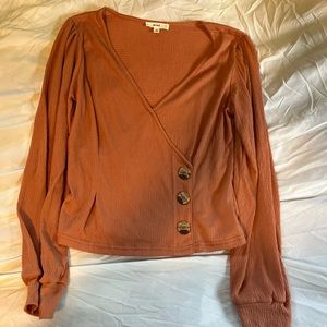 Burnt orange long sleeve v neck top with button details size m